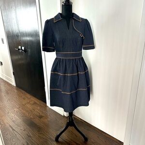 Kay Unger Dress. Gently worn, slate blue with tan piping. Transitional weight.